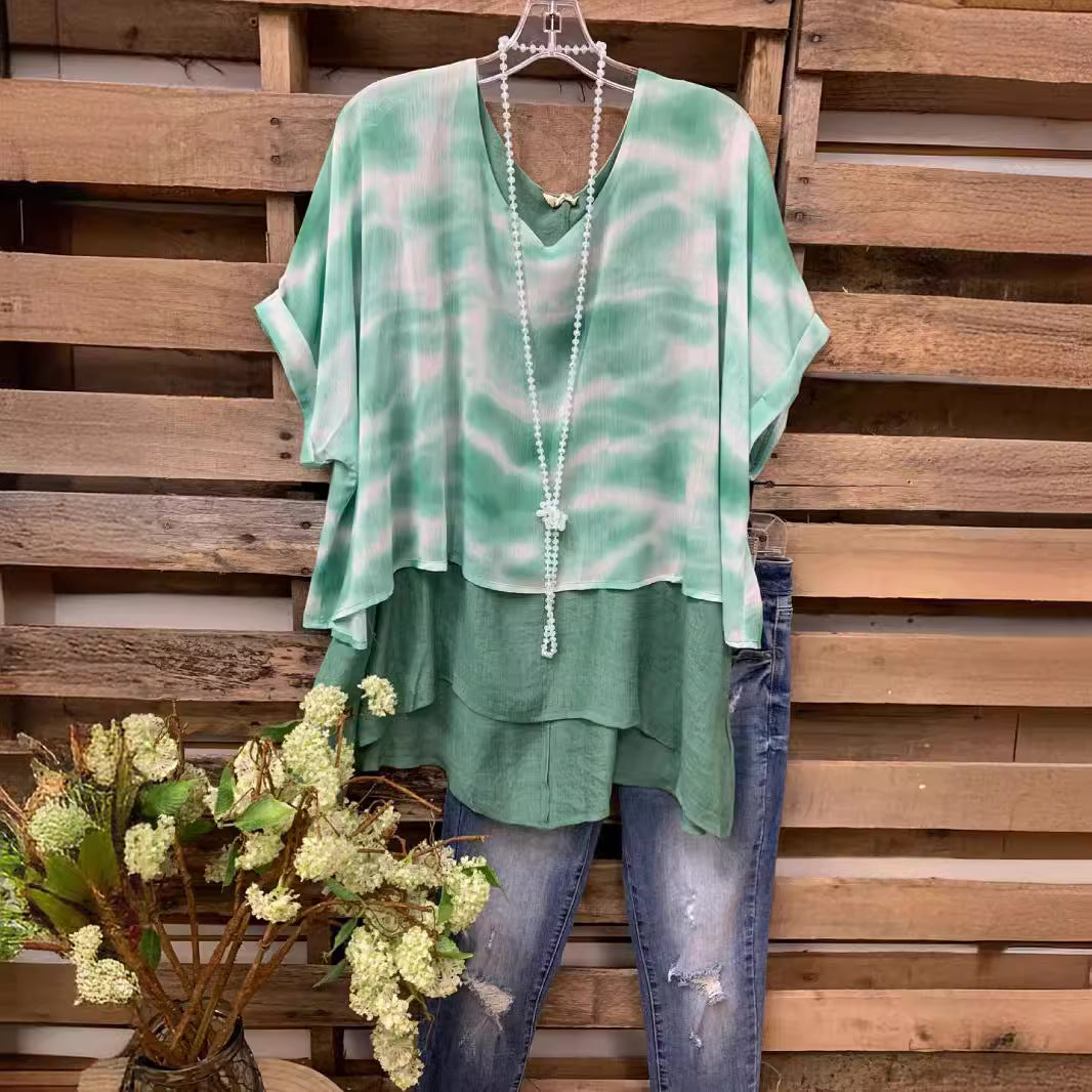Ladies Tie Dye Multi Layer Patchwork Short Sleeved T Shirt
