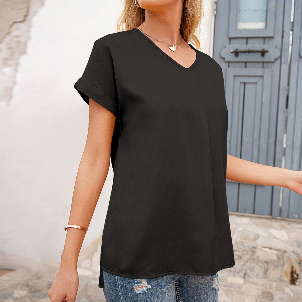 Spring Summer Women Clothing Short Sleeve Casual V neck Shirt Pleated Shirt for Women