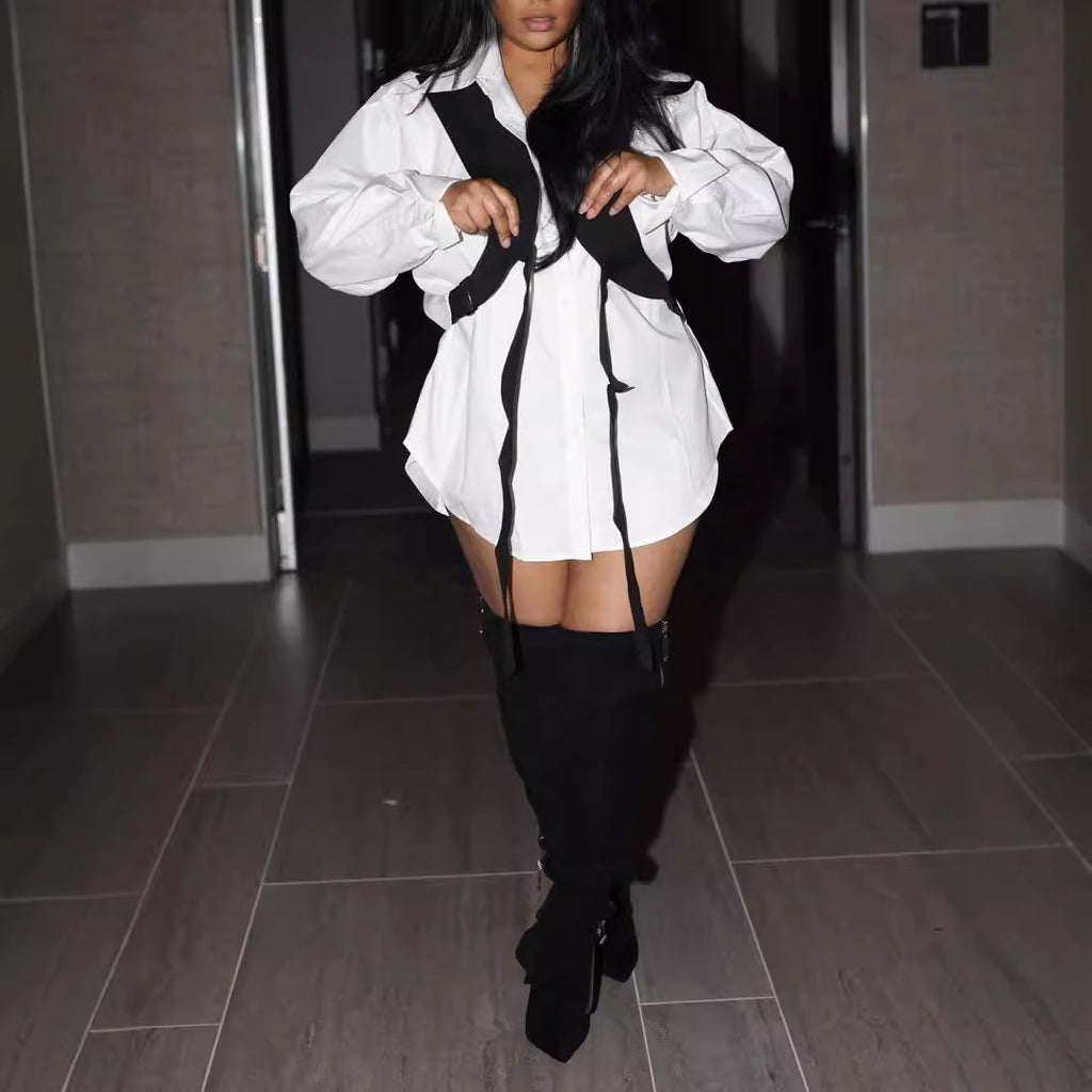 Women Clothing Shirt Dress Ribbon Waistcoat Faux Two Piece Long Sleeve Shirt Autumn