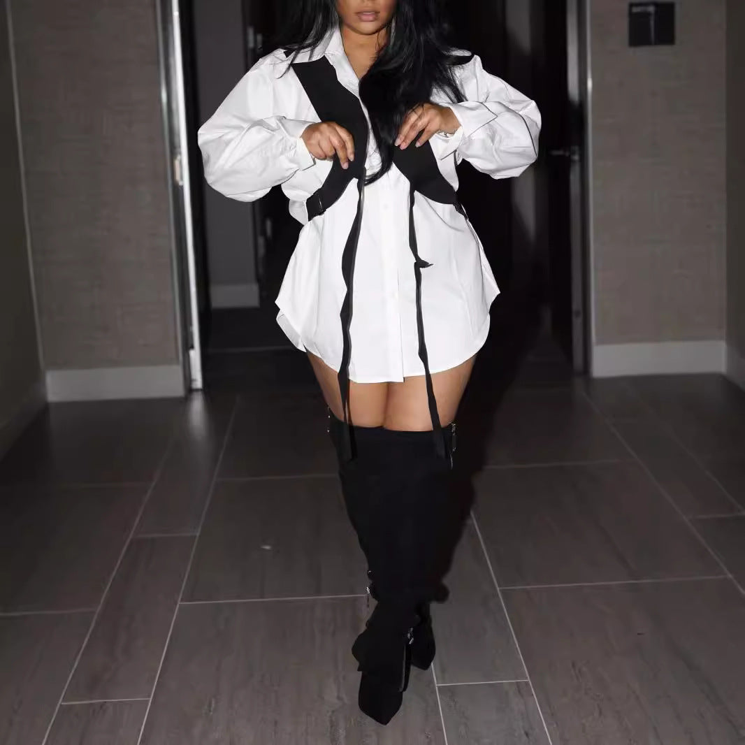 Women Clothing Shirt Dress Ribbon Waistcoat Faux Two Piece Long Sleeve Shirt Autumn