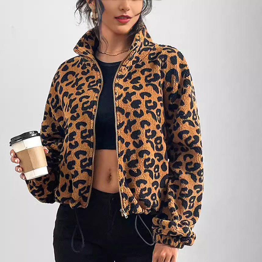 Autumn Winter Women Clothing Loose Cardigan Zipper Leopard Print Plush Coat