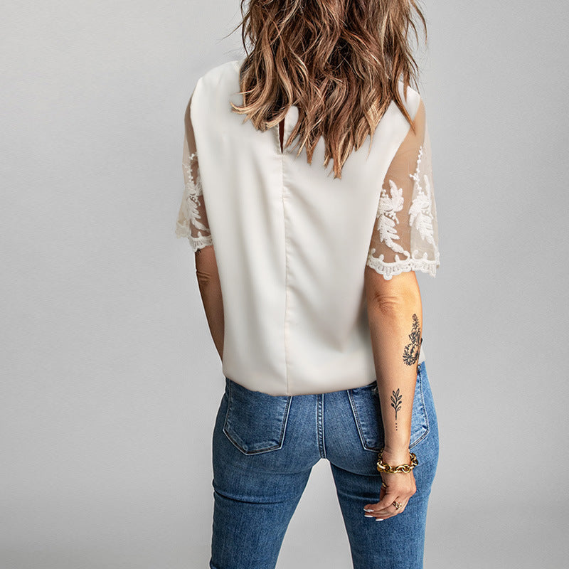 Lace Short-Sleeved Top WomenSolid Color Casual Chiffon Shirt