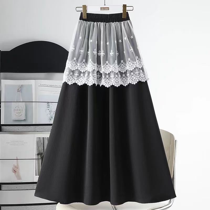 Dignified Hollow Out Cutout Lace Curtain Ice Silk Skirt Women Spring Summer High Waist Slimming Mid Length