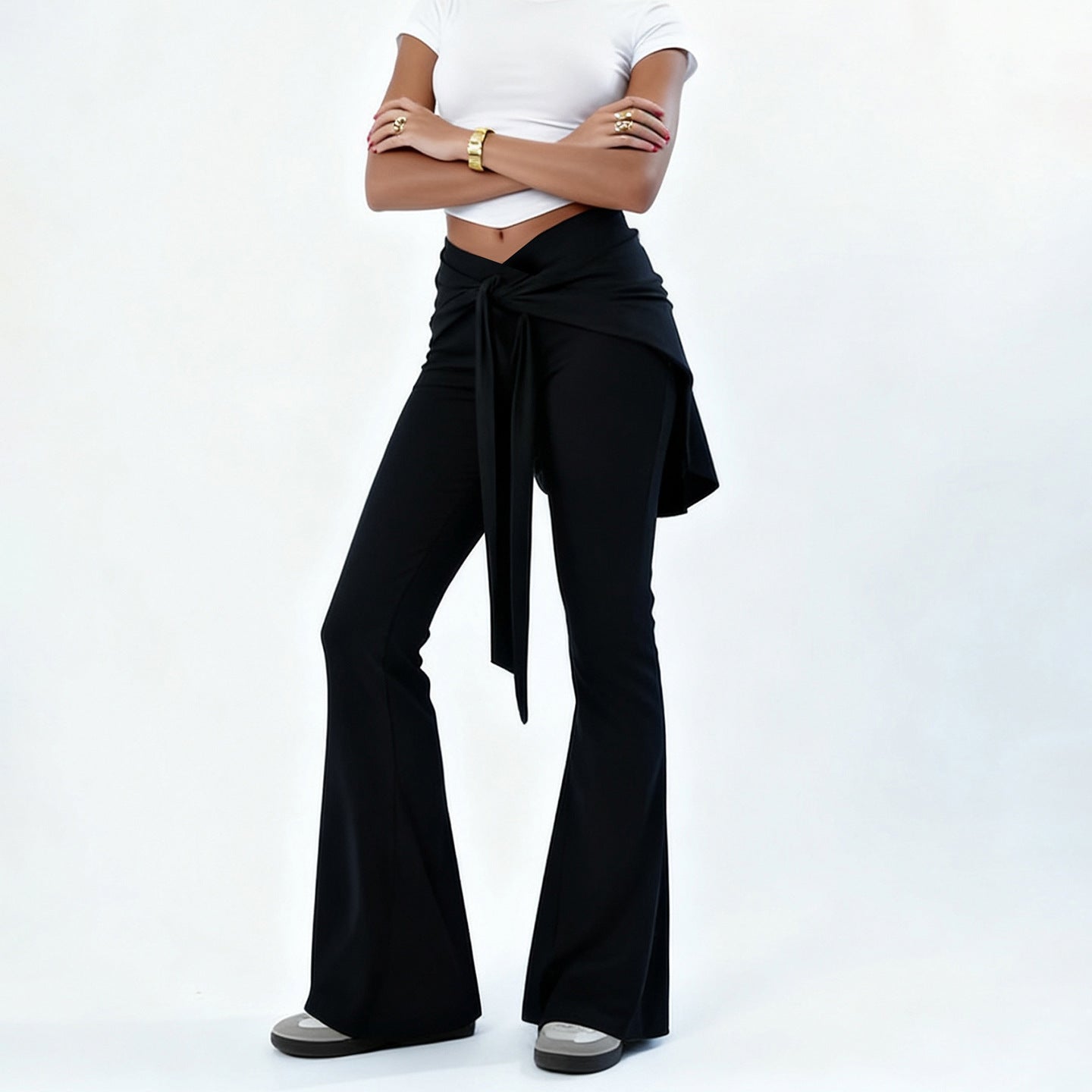 Casual Pilates Sports Solid Color Bootcut Trousers Women Low Waist Lace up Fart Curtain Design Pants