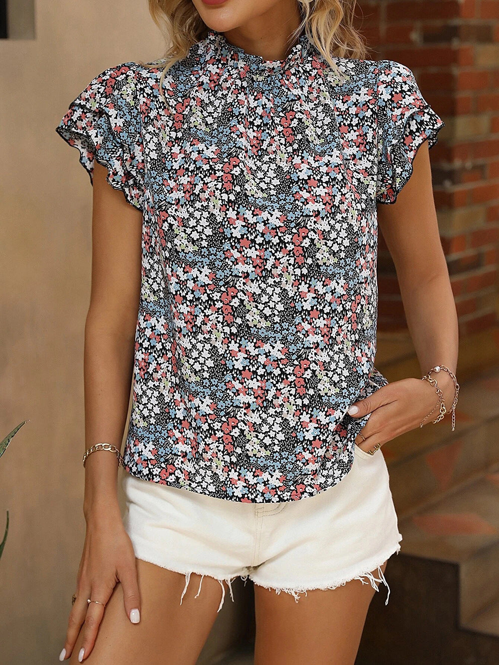 Bohemian Shirt Floral Print Ruffle Sleeve Round Neck Fresh Sweet Top Women