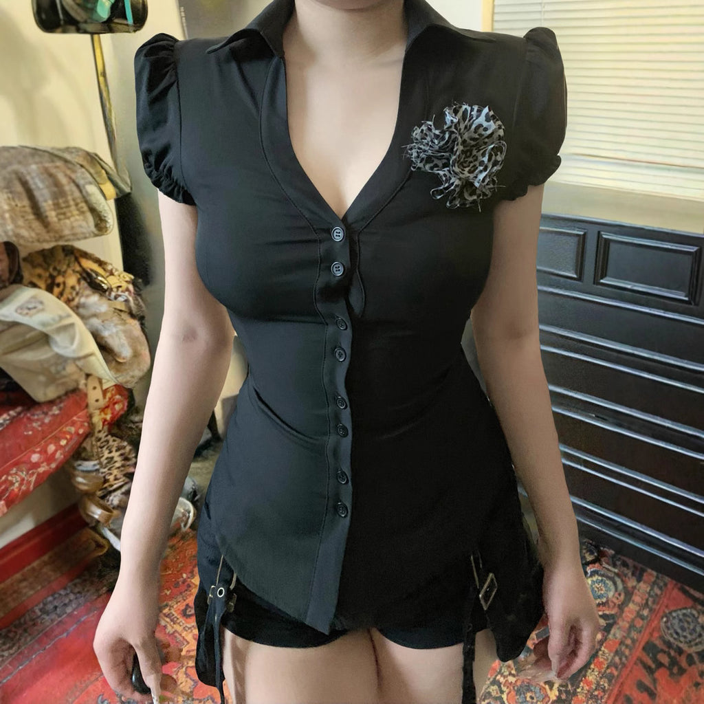 Mature Charming Women Deep V Plunge neck Double-Breasted Shirt Leopard Print Three Dimensional Floral Decorative Design Puff Sleeve Top