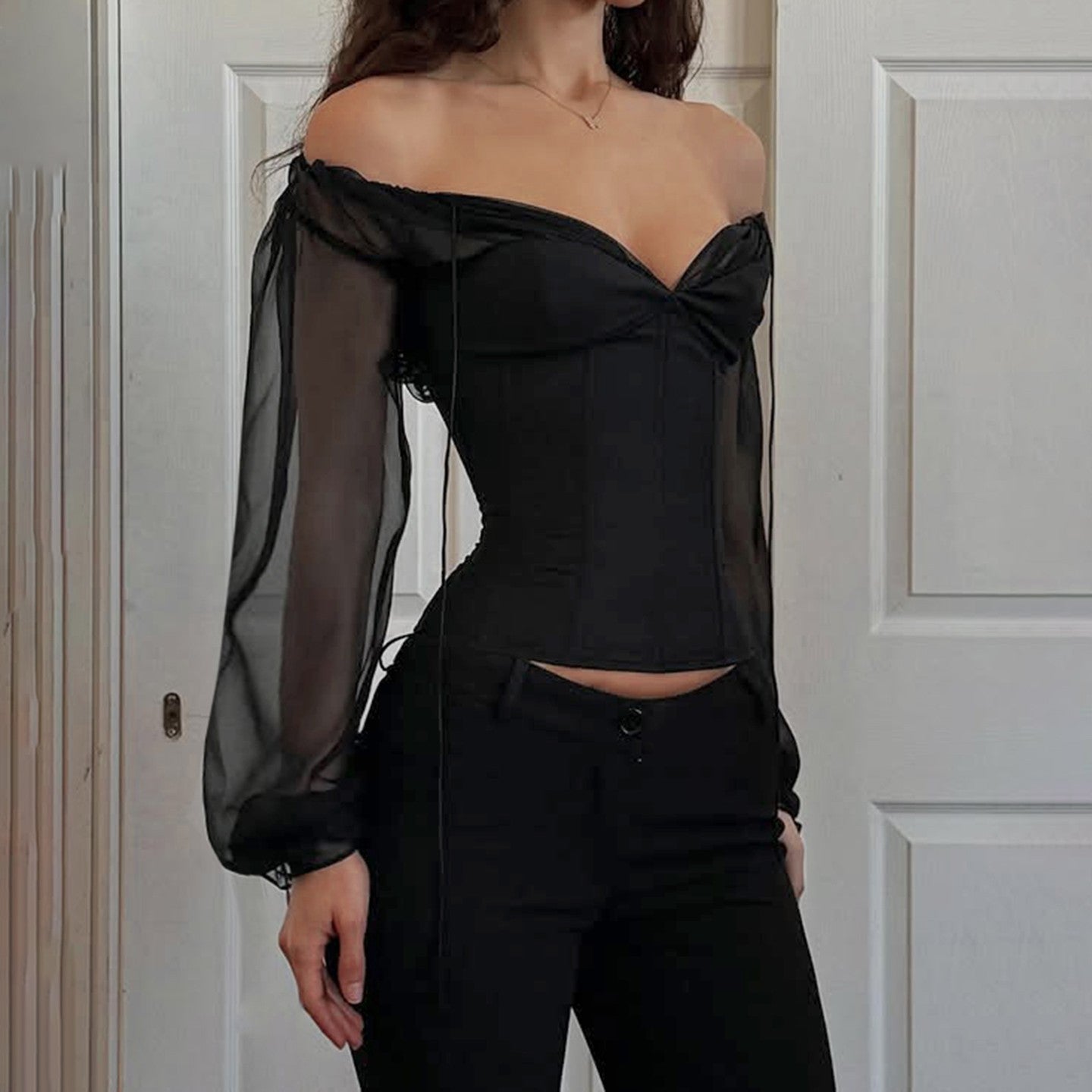 Women Clothing Palace Sexy V neck Pleated T shirt Chiffon Tight Waist Slim Fit Puff Sleeve Top Autumn