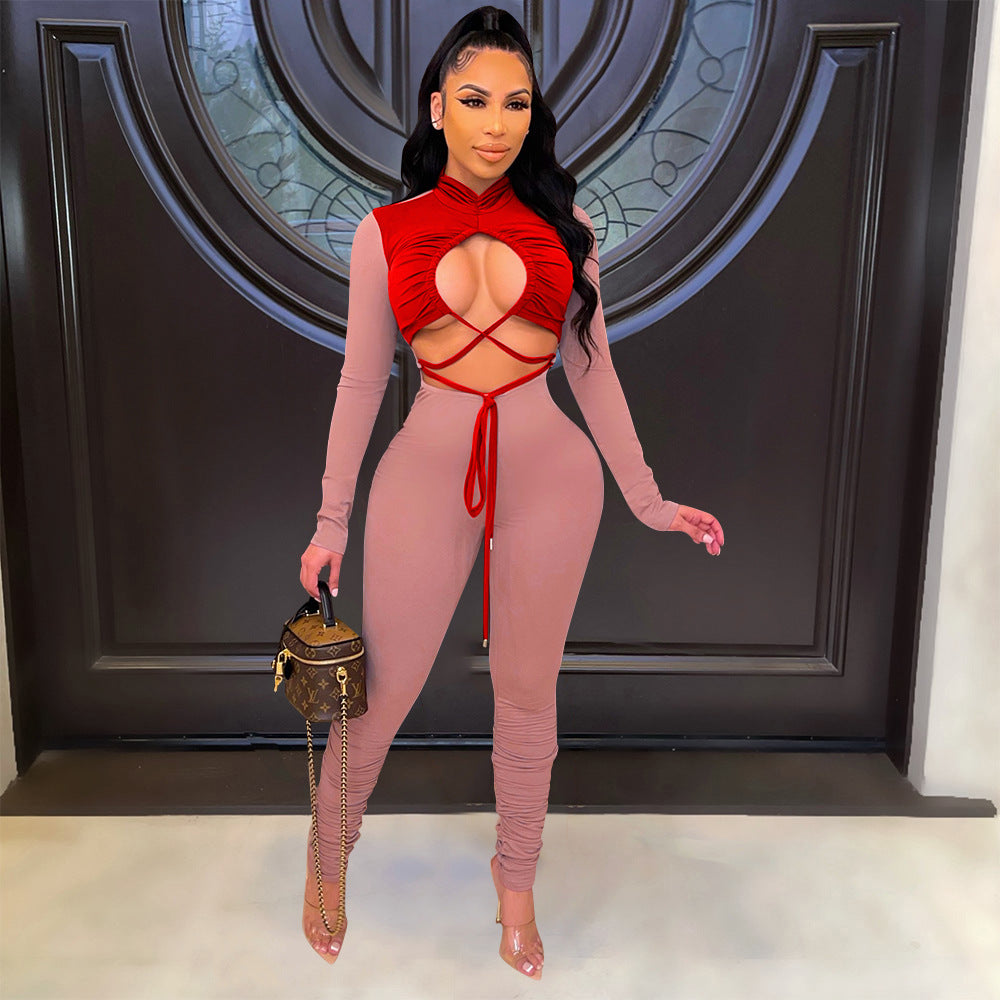 Autumn Winter Sexy Cutout Color Matching Lace up Long Sleeve Jumpsuit Women