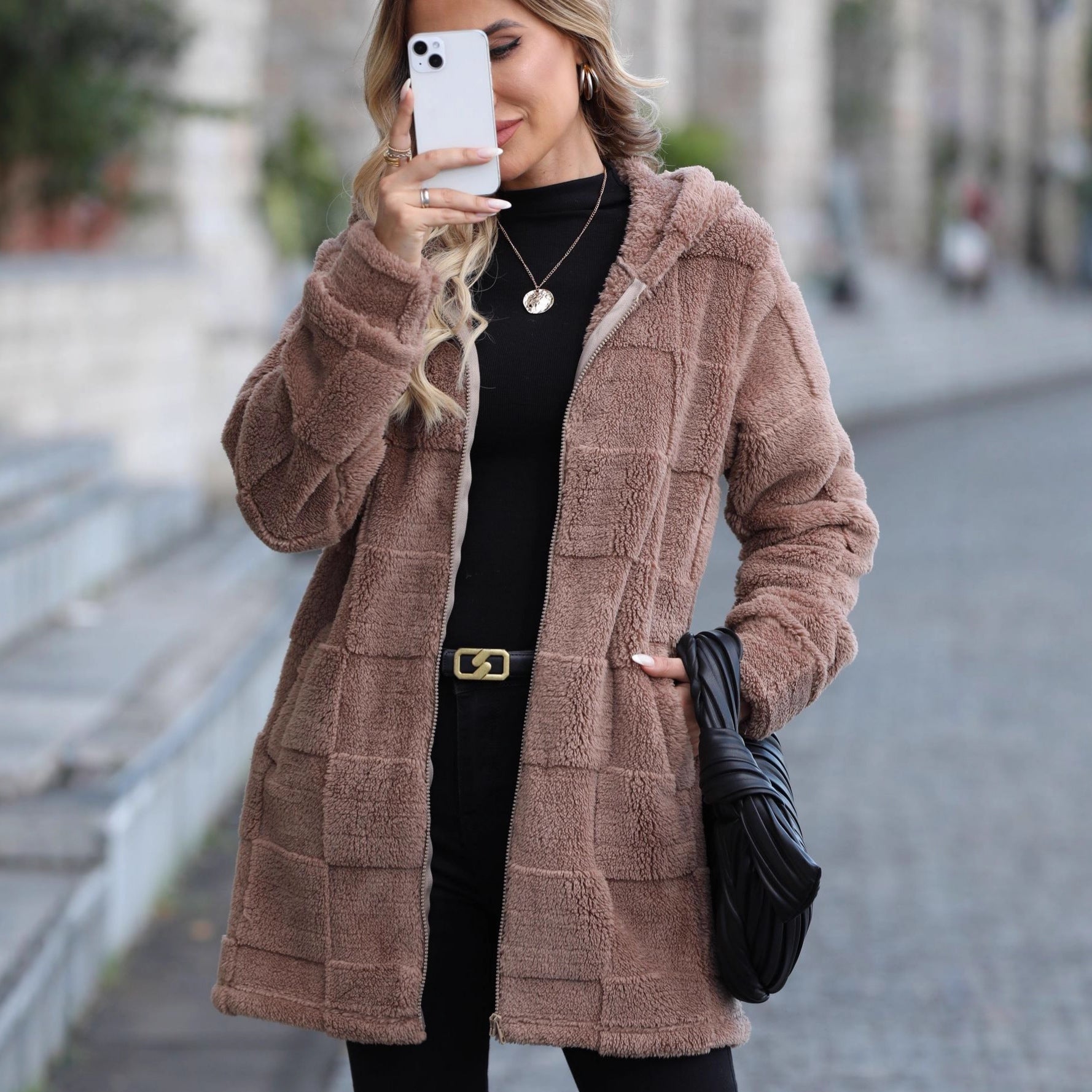 Autumn Winter Women Clothing Loose Hooded Long Cardigan Plush Coat