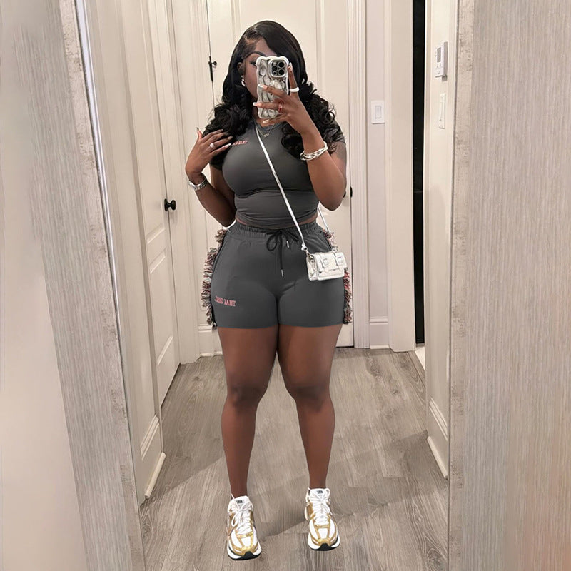 Spring Summer Sexy Slim Fit Short Embroidered Top High Waist Solid Color Shorts Set Women
