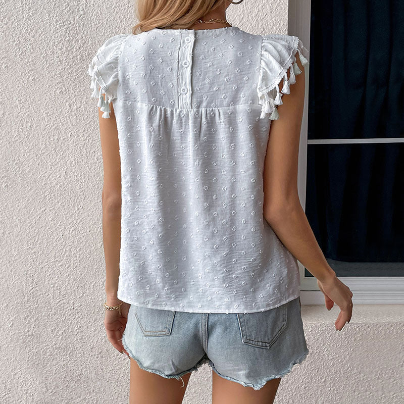 Summer Women Clothing Tassel Stitching Solid Color Shirt Women Texutured