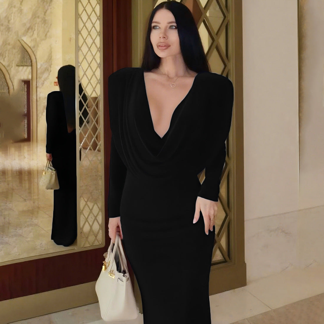 Fall Women Clothing Sexy Backless Swing Collar Slim Pleated Solid Color Long Sleeve Dress