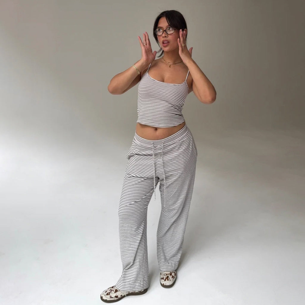 Casual Striped Spaghetti Straps Top Elastic Waistband Lace up Trousers Home Wear Pajamas Two Piece Set