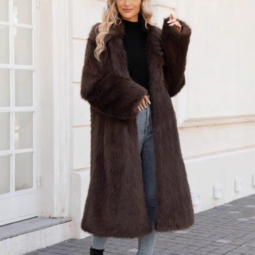 Faux Fur Coat Top Faux Fur Long Cut Coat Warm Keeping Cold-Proof Trench Coat