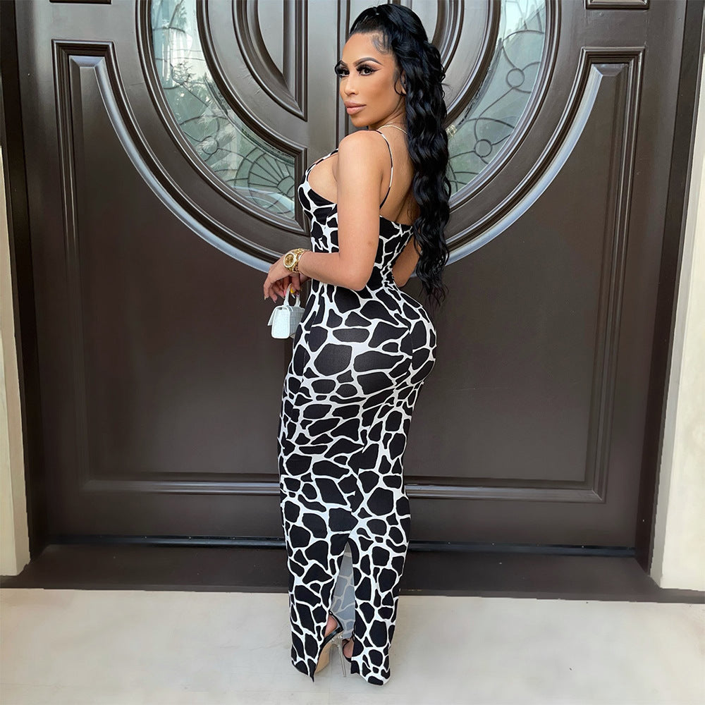 Autumn Winter Sexy V neck Strap Dress Digital Printing Women Dress