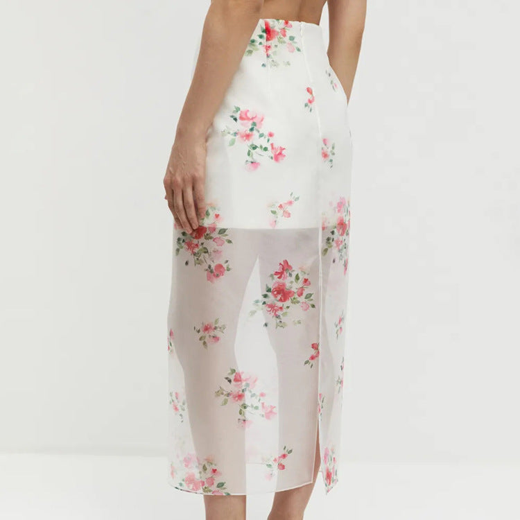 Arrival Digital Printing See through High Waist Slit Skirt Women Double Layer Office All Matching Hip Skirt