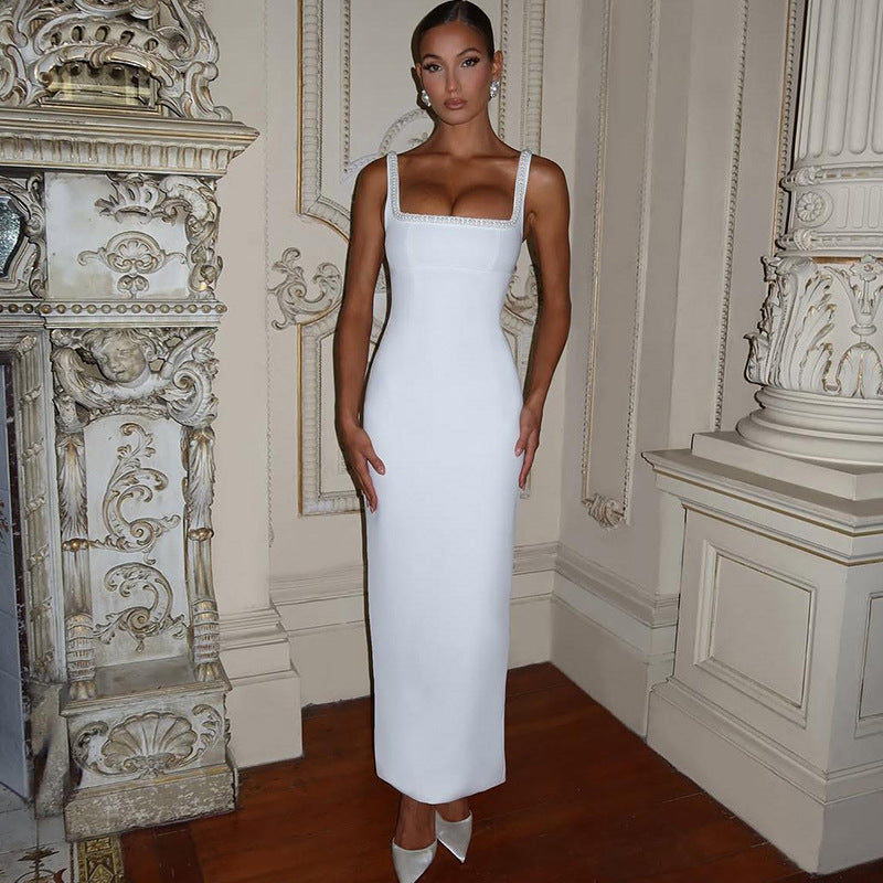 Spring Summer Women Clothing High Class Elegant Sexy Personalized Beaded Slim Fit Square Collar Sling Dress