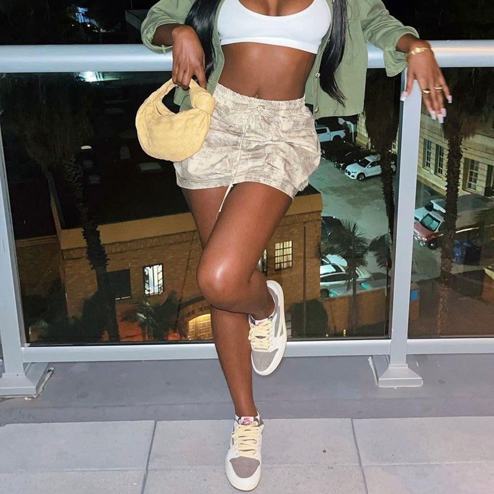 Jupe ultra-courte sexy à poches et taille élastique personnalisée camouflage pour femme