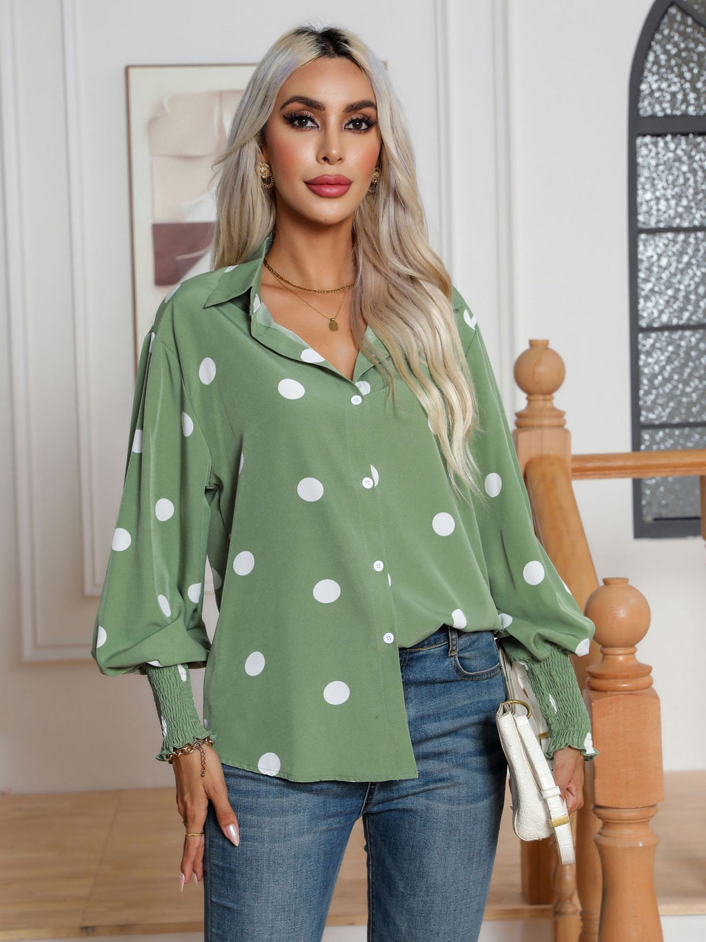 Polka Dot Print Lantern Sleeve Shirt Women Long Sleeved Shirt Top Women Clothing