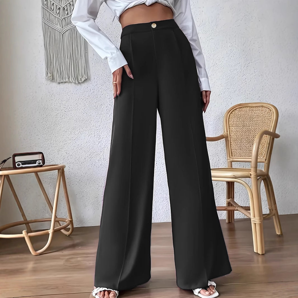 Ladies Solid Color Wide Leg Pants Elegant Pull Button Loose Straight Work Pant