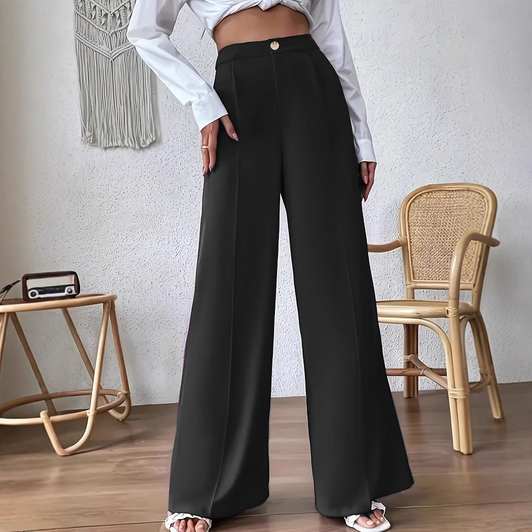 Ladies Solid Color Wide Leg Pants Elegant Pull Button Loose Straight Work Pant