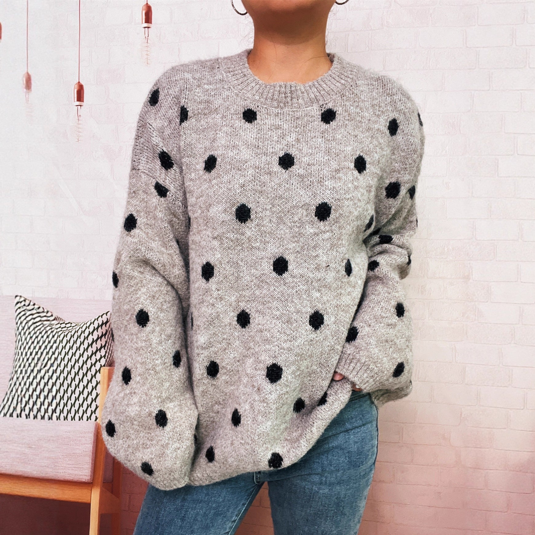 Polka Dot Knitted Top Crew Neck Casual Loose Lazy Sweater Pullover