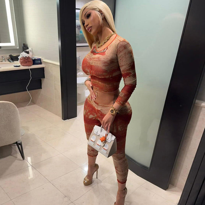 Spring Summer Women Sexy Cropped Long Sleeve Top High Waist Tight Trousers Two Pice Sets Women