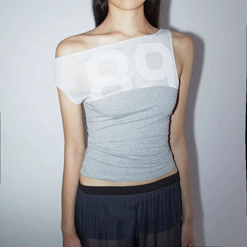 Sexy Diagonal Collar Digital Printed T shirt Stitching Contrast Color Oblique Shoulder Waist Irregular Asymmetric Top