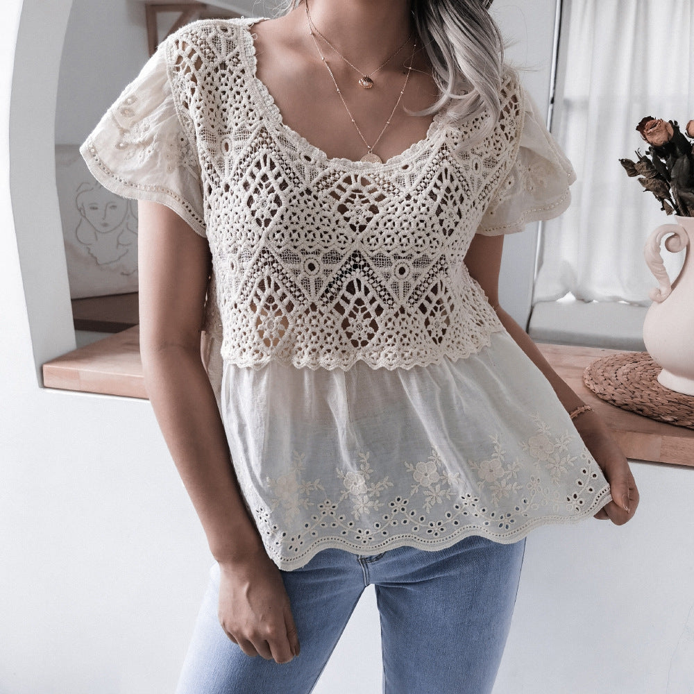 Real Shot Casual Embroidery Ruffled Short Sleeves V-neck Crocheted Hollow Out Cutout Lace Shirt Peplum Top