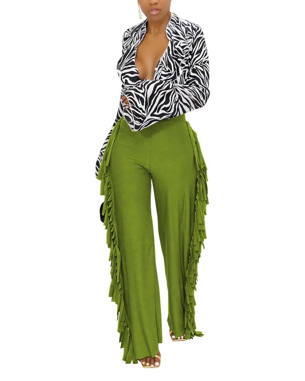 Women Brushed Cute Straight Wide-Leg Pants with Tassel on Both Sides