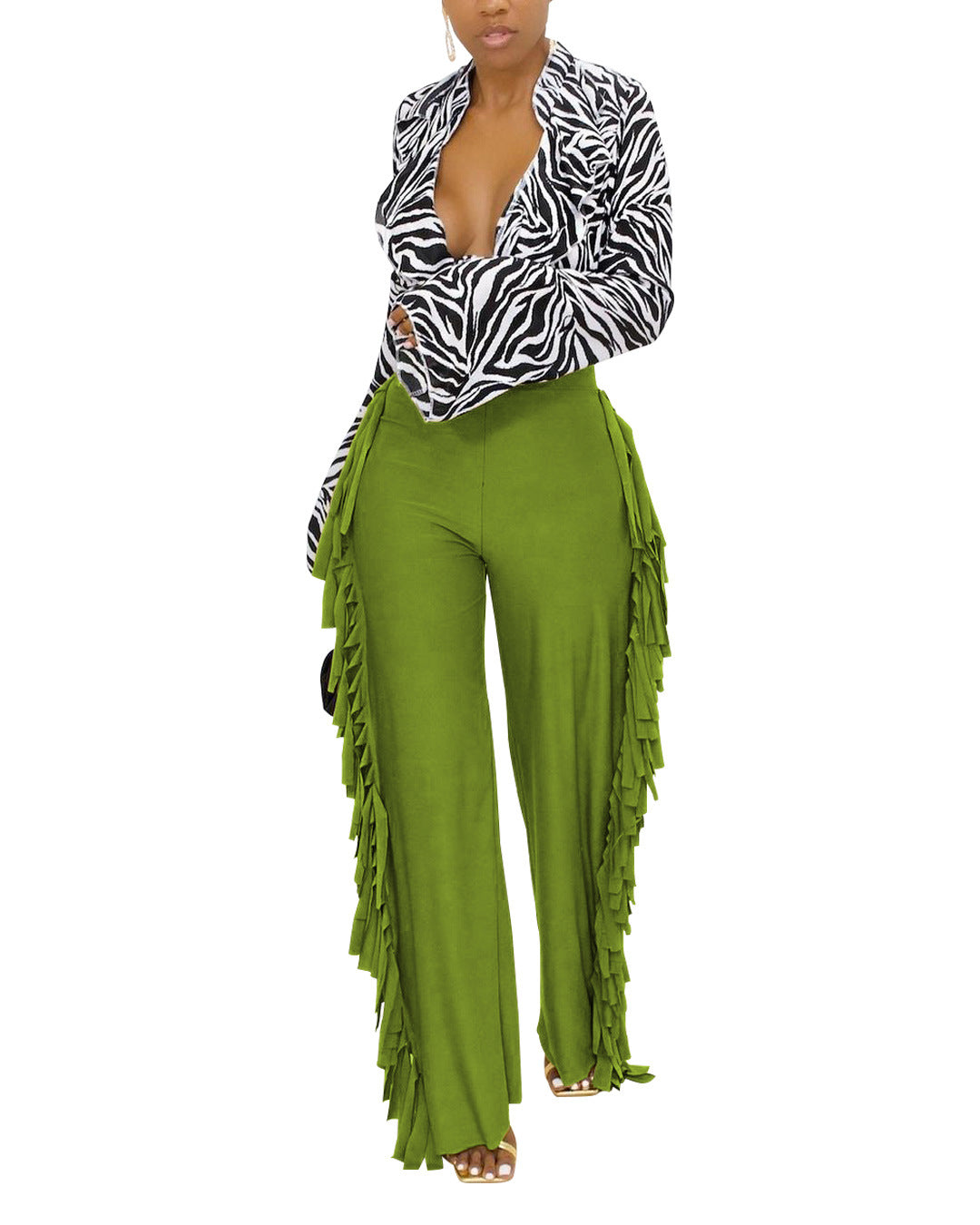 Women Brushed Cute Straight Wide-Leg Pants with Tassel on Both Sides