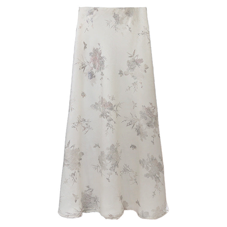 Jupe longue chinoise en satin imprimé, style sirène, coupe fourreau, fendue, style trapèze.