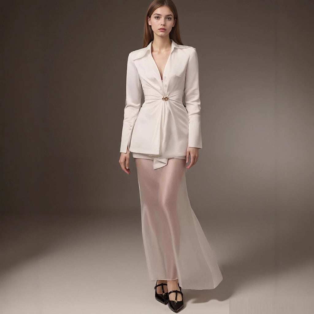 White Shirt Waist-Controlled Top V neck Metal Buckle Simple Elegant Office Satin Shirt for Women