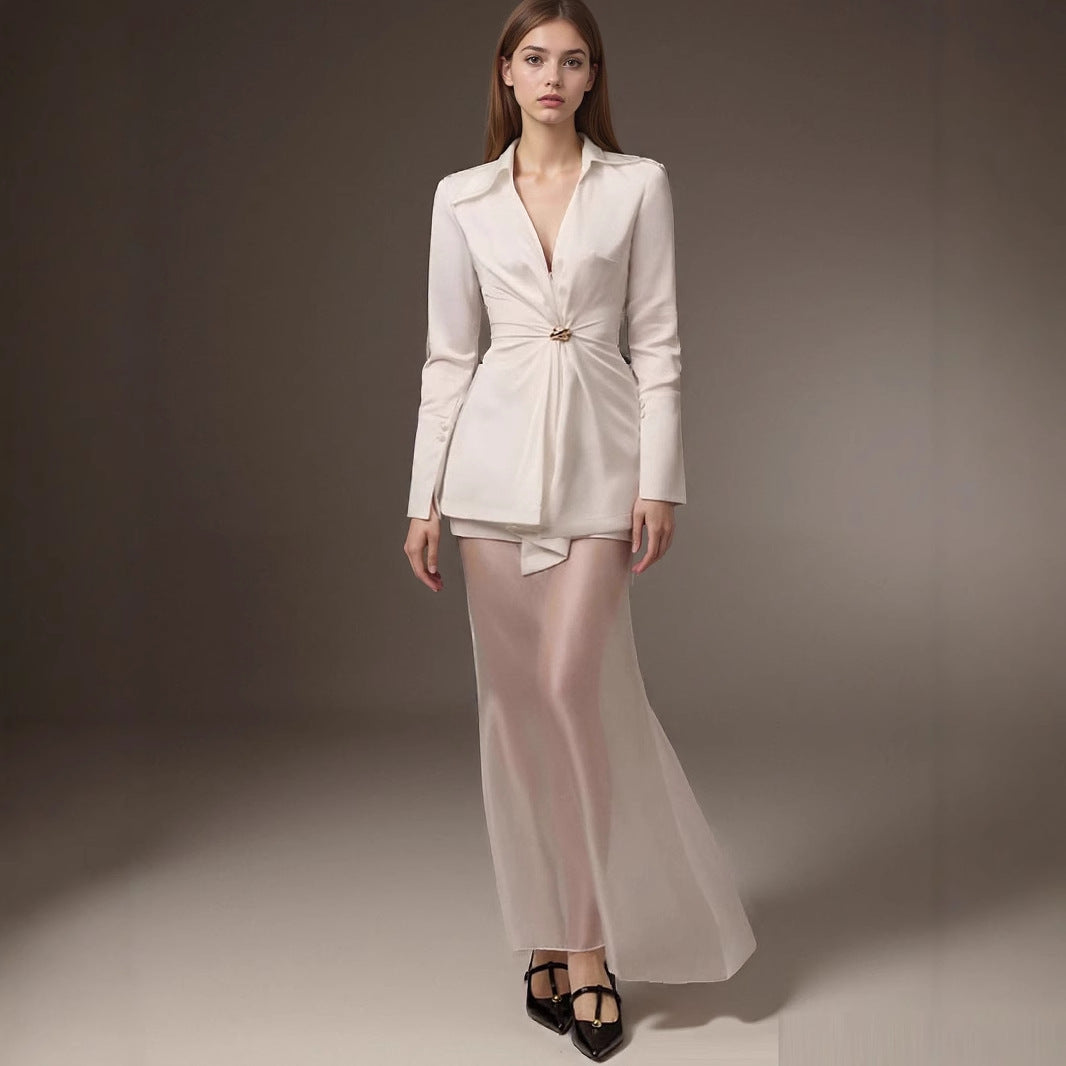 White Shirt Waist-Controlled Top V neck Metal Buckle Simple Elegant Office Satin Shirt for Women