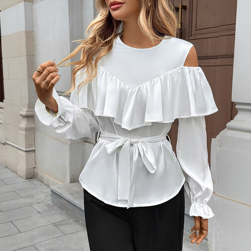 Women Clothing Top Autumn Elegant Long Sleeved Ruffled off the Shoulder Lace up Crew Neck Shirt