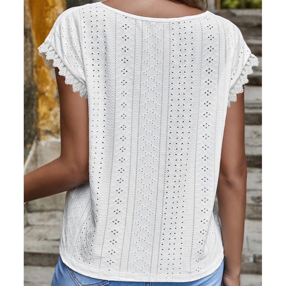 Summer Lace Edge V Neck Shirt White Hollow Out Cutout Out Design Short Sleeve Lining