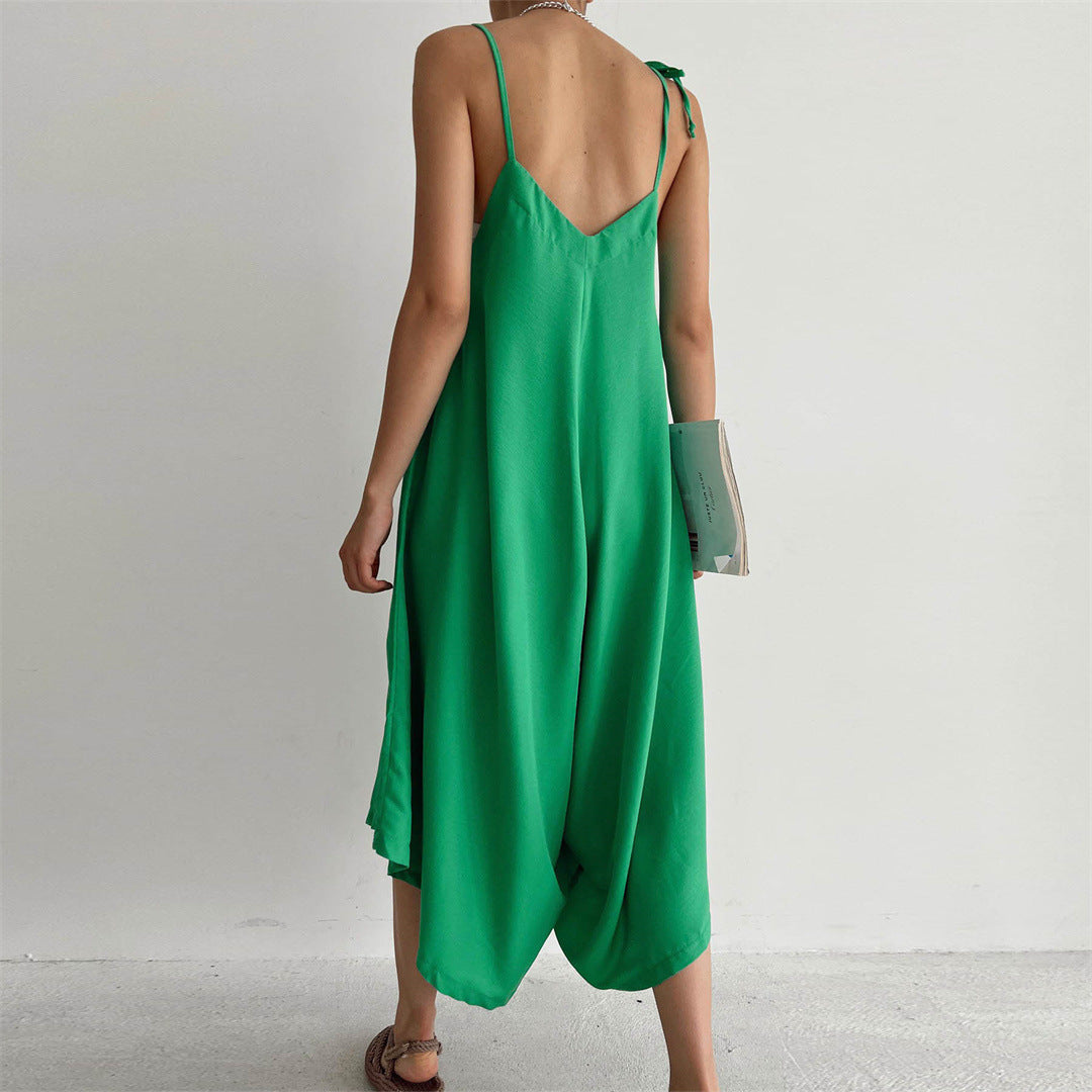 Summer Solid Color Overalls Casual Loose Fitting Wide Leg Trousers Sexy Sling Backless Sleeveless Jumpsuit
