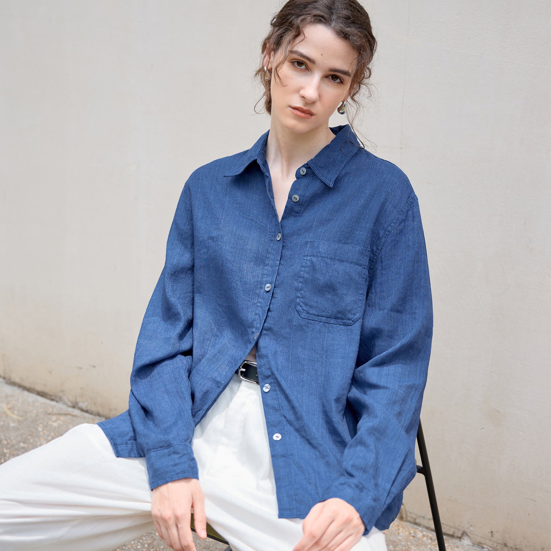 Long Linen Sleeves Shirt Women Minimalist Relaxed Single Breasted Shirt Autumn Winter Tencel Linen Solid Color Top