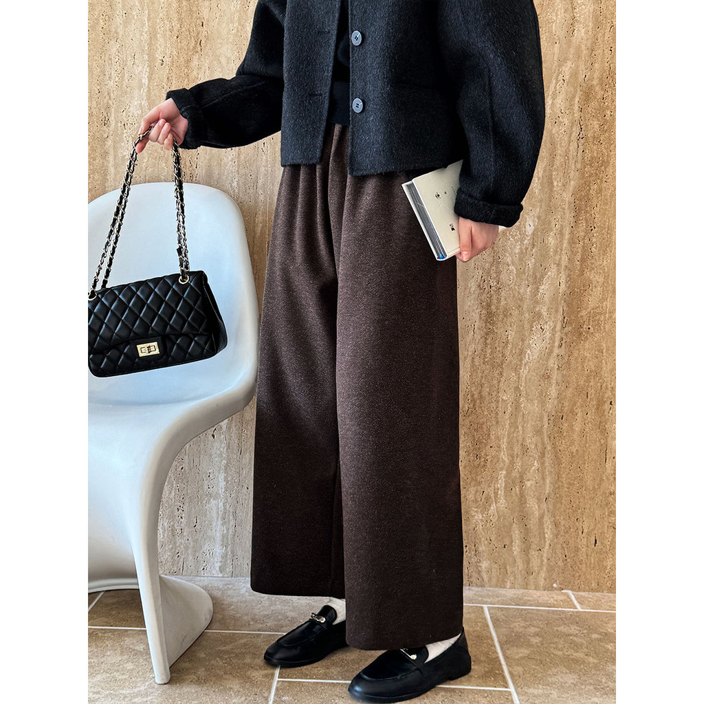 Autumn Winter Cashmere Grandma Pants Cropped Wide Leg Pants Elastic Waist Wool Woolen Pants Women
