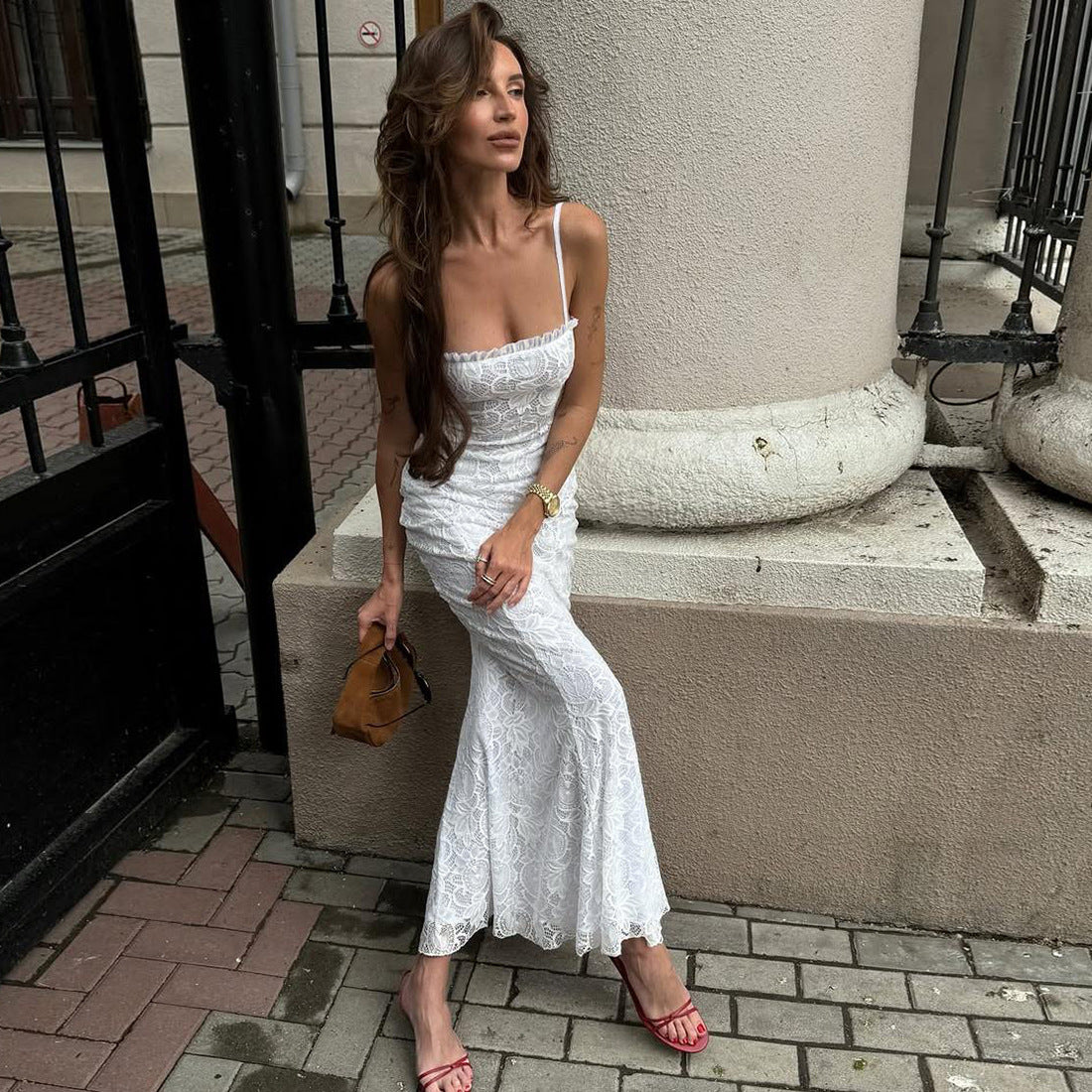 Summer Women Clothing Sexy Solid Color Mesh Stitching Hollow Out Cutout Slim Strap Dress