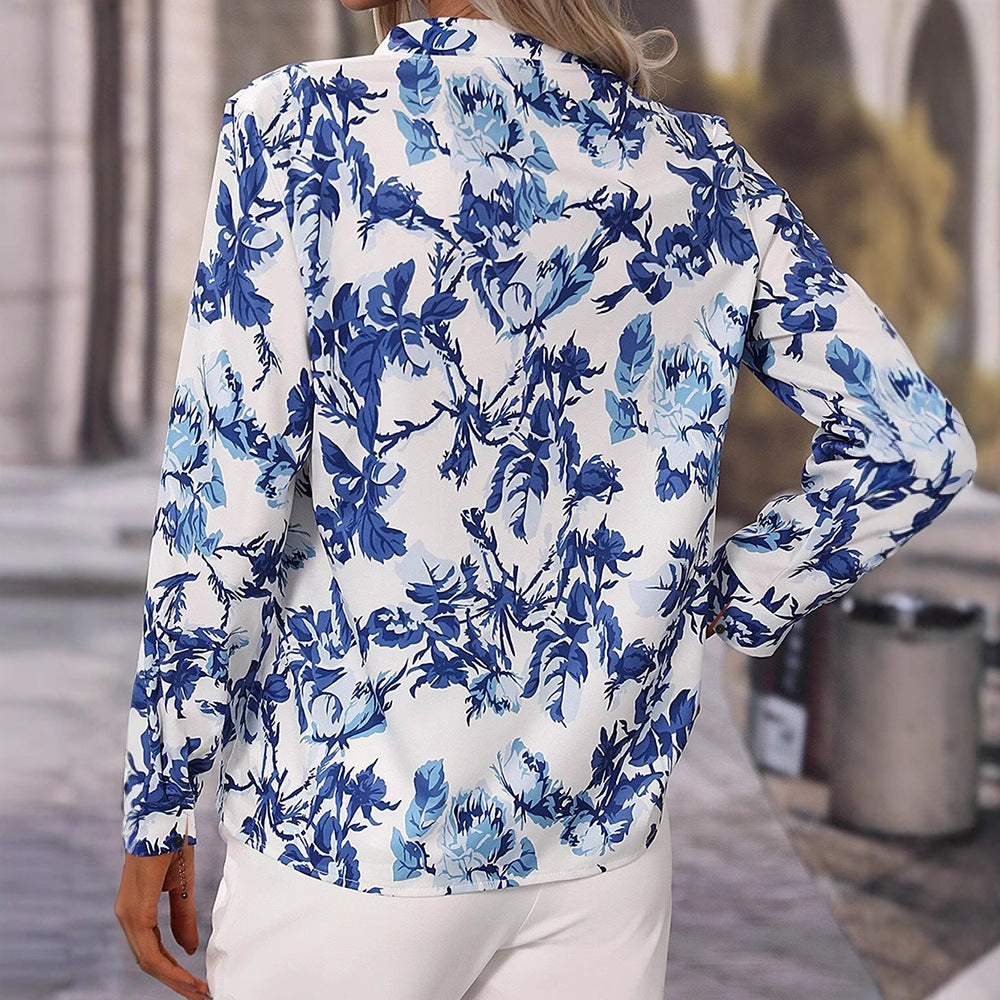 Autumn Color Matching V neck Long Sleeve Top Women Retro Floral Print Pullover Office Chiffon Shirt