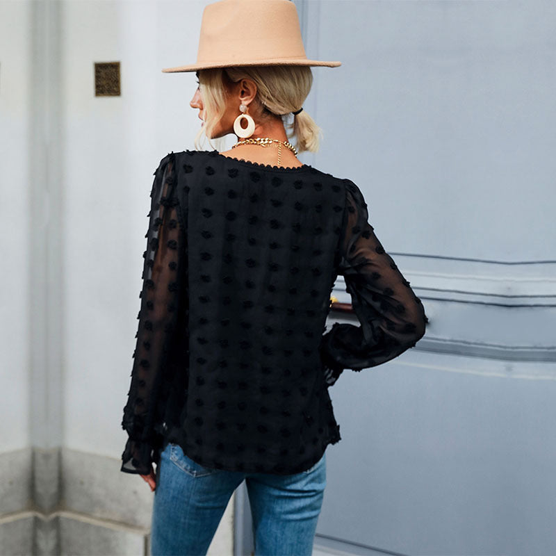 Early Autumn Tops Thin Loose Fitting V neck Long Sleeves Black Shirt