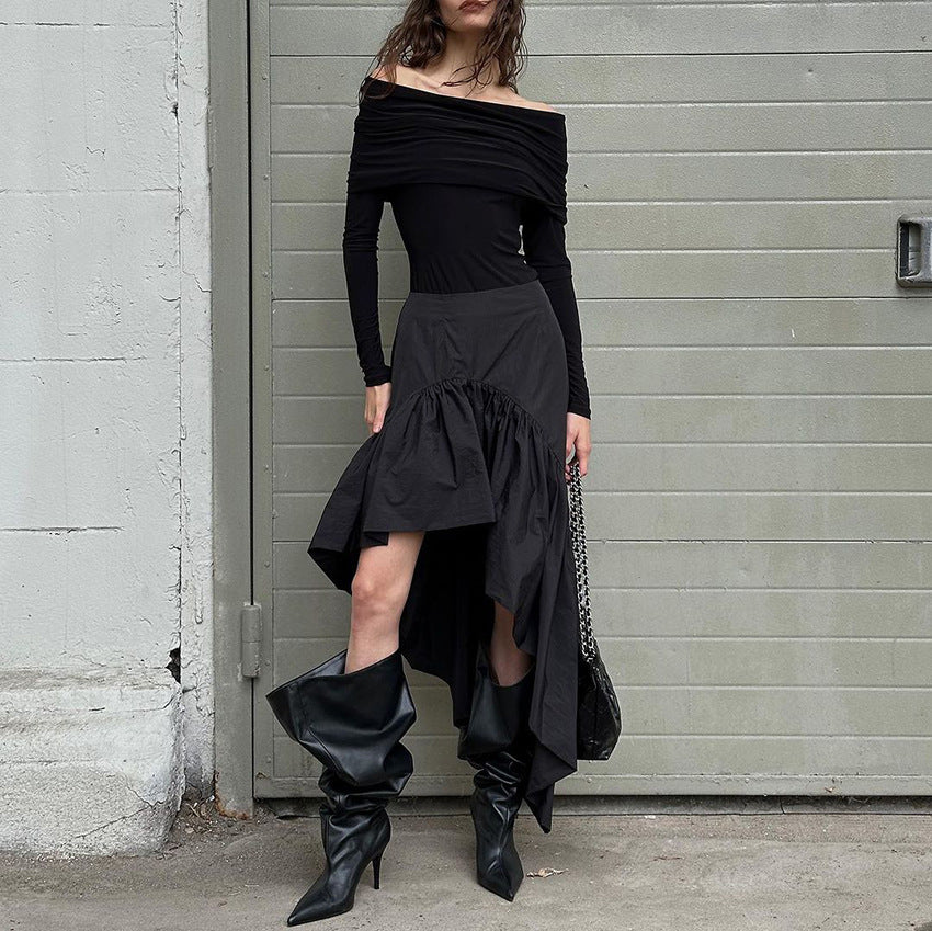 Falda asimétrica irregular de algodón con volantes, cintura alta y pierna abierta para mujer