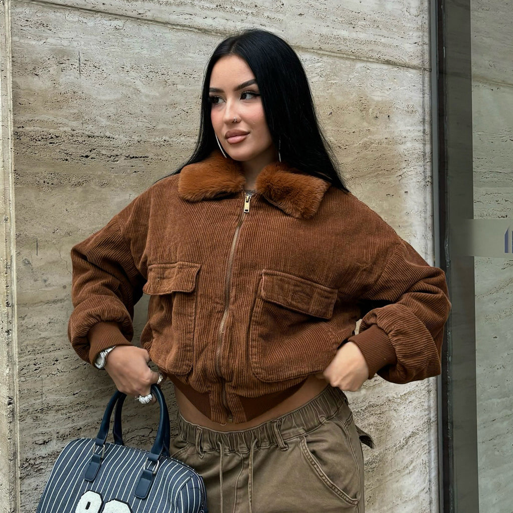 Retro Brown Coat Fur Collar Stitching Corduroy Jacket Sexy Street Zipper Cardigan Short Top