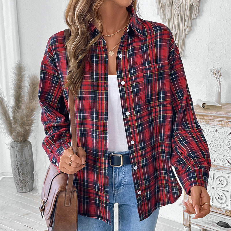 Casual Coat Spring Autumn Collared Long Sleeve Plaid Shirt for Women