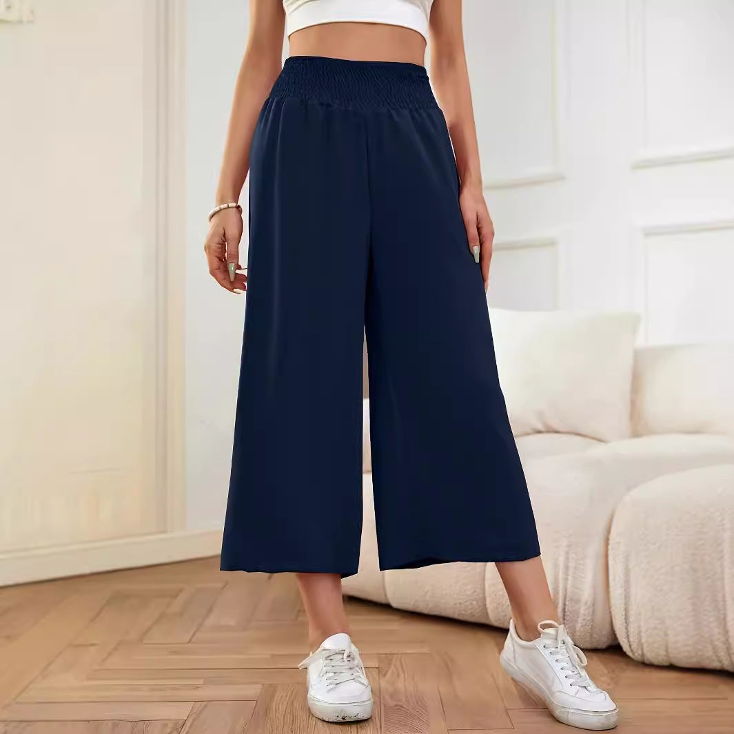 Spring Autumn High Waist Smocking Solid Color Casual Loose Wide Leg Cropped Pants Women
