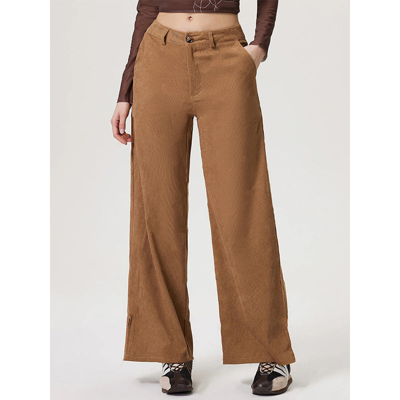 Women Clothing Retro Straight Wide Leg Corduroy Trousers