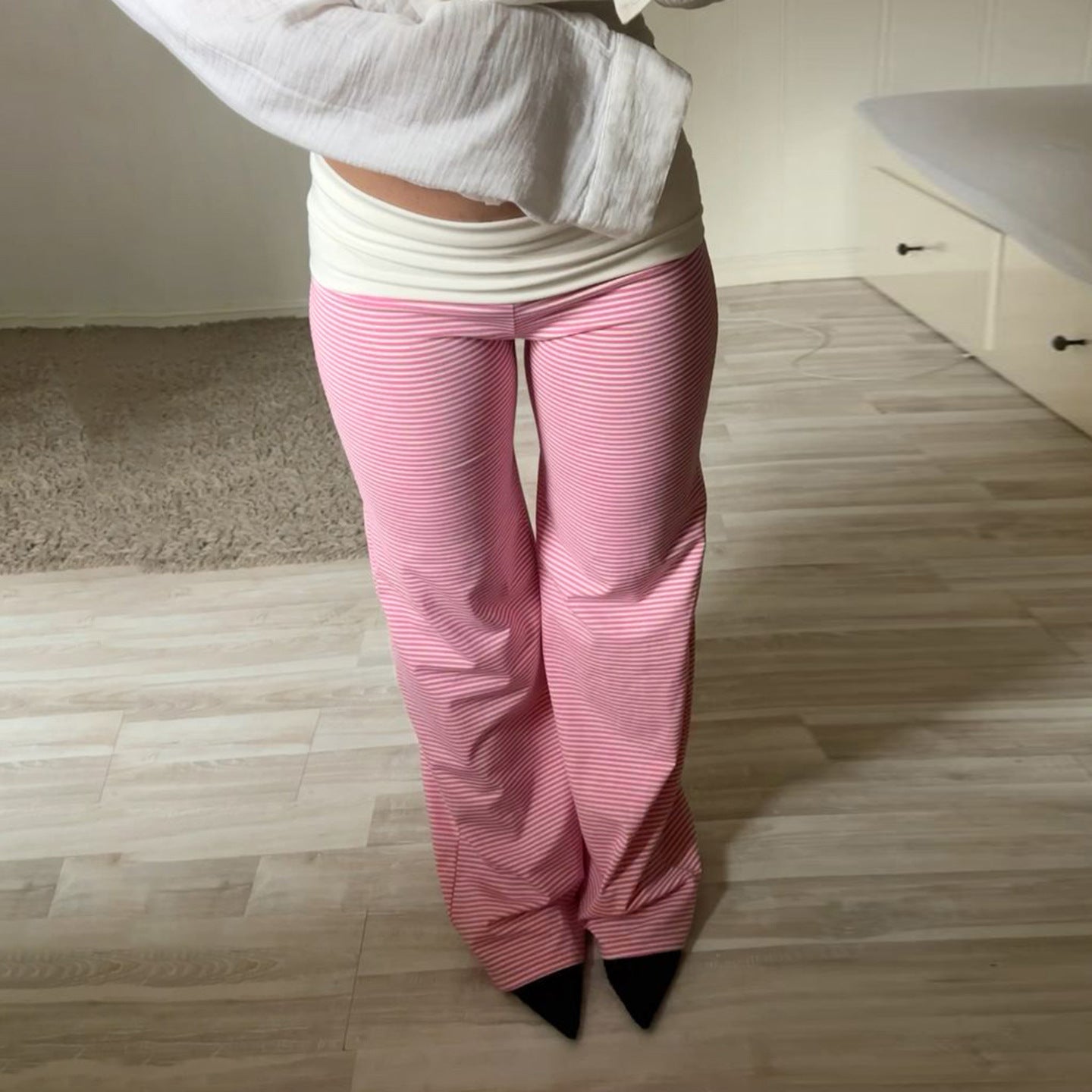 Women Clothing Casual Pajamas Trousers Turn Waist Contrast Color Stripes Knitted Trousers All Match Smooth Straight Leg Trousers