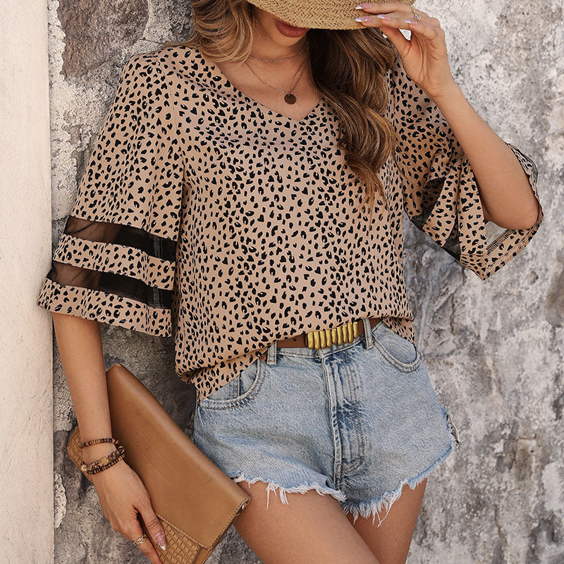 Summer Women Clothing Half Sleeve Gauze Stitching Leopard Print Shirt Women