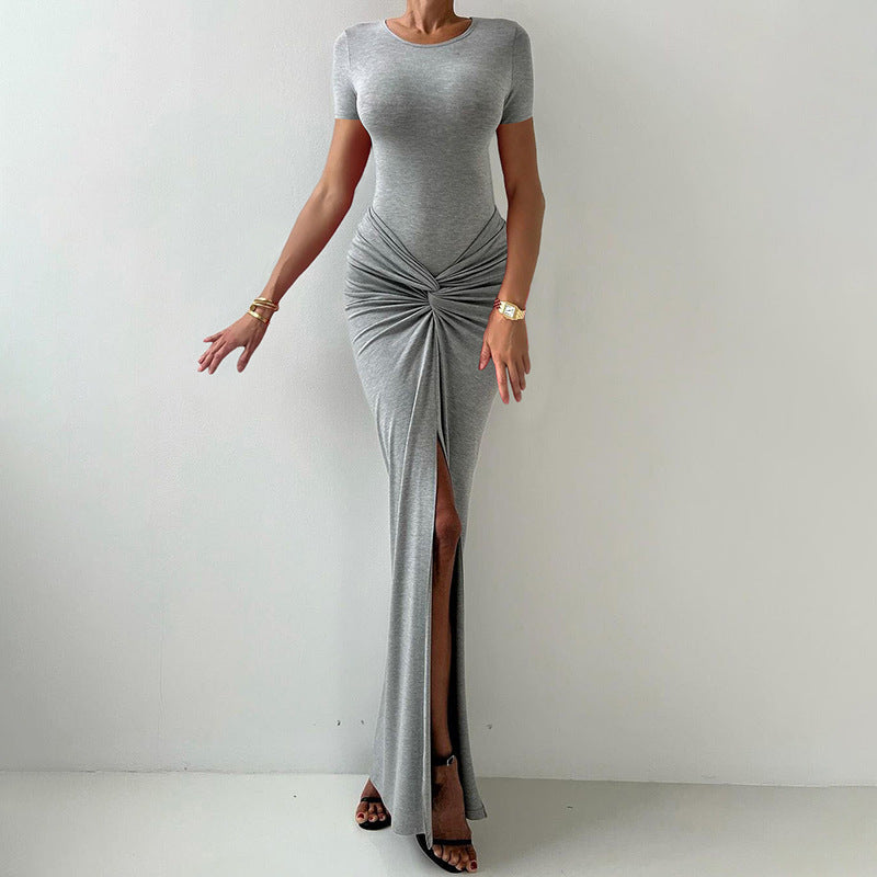 Spring Women Clothing Solid Color round Neck Short Sleeves Jumpsuit Slim Fit Sexy Slit Skirt Set